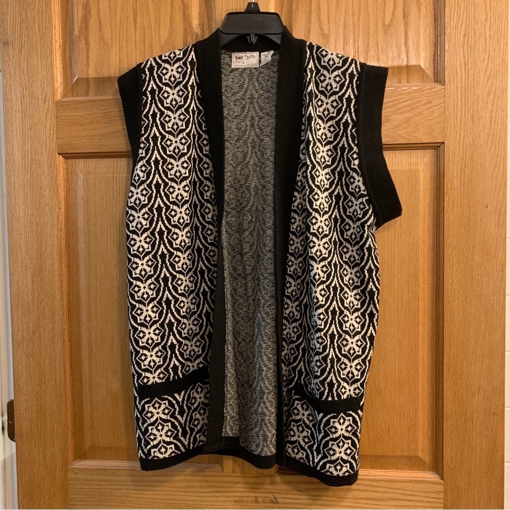 Maglia Donna Women’s 1X Sweater Vest Black White Paisley Open Front Sleeveless